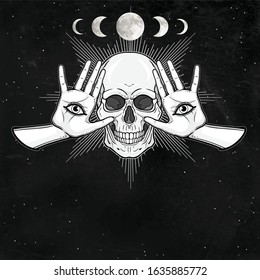 Mystical drawing: Human skull, women hands, all-seeing eye. Alchemy, magic, esoteric, occultism. Night star sky, moon phases. Monochrome vector illustration. Place for the text.