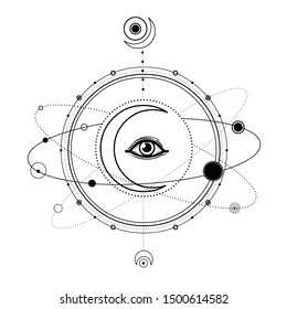 Mystical drawing: moon, All-seeing eye, orbits of planets, energy circle. Sacred geometry. Alchemy, magic, esoteric, occultism. Monochrome Vector Illustration isolated on a white background