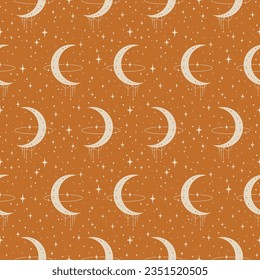 Mystical drawing of moon and outer space seamless pattern