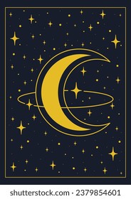 Mystical drawing of moon and outer space poster. Tarot card universe vector illustration.
