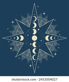 Mystical drawing of the moon phases, boho illustration, magic card. Vector hand drawing.Blue background