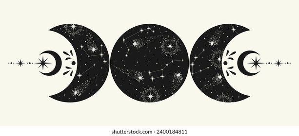 Mystical drawing. Moon phases. Tarot cards, boho illustration, magic card. Vector hand drawing