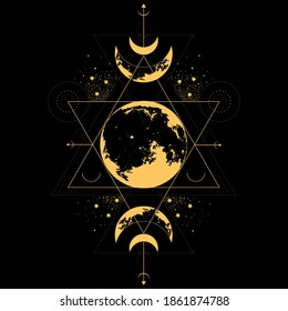 Mystical drawing of the moon. Sacred golden geometry. Alchemy, magic, esoteric, occultism. Abstract mystic sign. Gold linear shape.