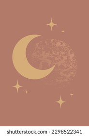 Mystical drawing of moon and stars brown poster. Half moon