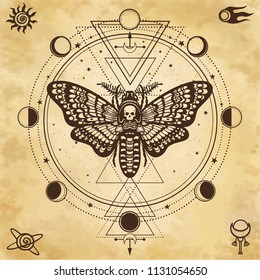 Mystical drawing: Moth Dead Head, circle of a phase of the moon. Sacred geometry.  Alchemy, magic, esoteric, occultism. Background - imitation of old paper. Vector Illustration.