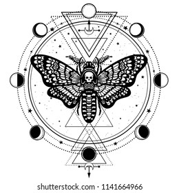 Mystical Drawing: Moth Dead Head, Circle Of A Phase Of The Moon. Sacred Geometry.  Alchemy, Magic, Esoteric, Occult. Vector Illustration Isolated On A White Background. Print, Poster, T-shirt, Card.