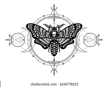 Mystical drawing: moth Dead Head, sacred geometry, moon phases, energy circles. Alchemy, magic, esoteric, occultism. Monochrome Vector Illustration isolated on a white background