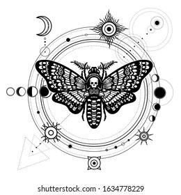 Mystical drawing: moth Dead Head, moon phases, orbits of planets, energy circle. Sacred geometry. Alchemy, magic, esoteric, occultism. Monochrome Vector Illustration isolated on a white background