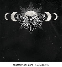 Mystical drawing: Moth Dead Head, night star sky, moon phases. Alchemy, magic, esoteric, occultism.  Monochrome vector illustration. Place for the text.