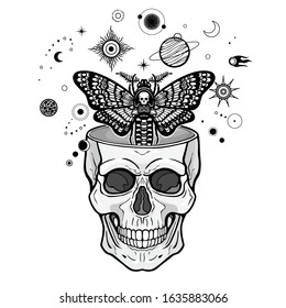 Mystical drawing: moth Dead Head flies out of the human skull, symbols of planets. Alchemy, magic, esoteric, occultism. Monochrome vector illustration isolated on white background.