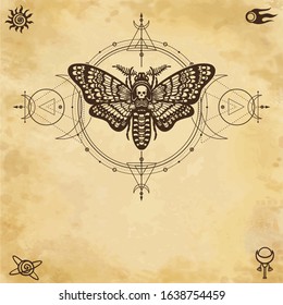 Mystical drawing: moth Dead Head, sacred geometry, moon phases, energy circles. Alchemy, magic, esoteric, occultism. Background - imitation of old paper. Vector Illustration.