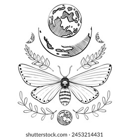 Mystical drawing of a Moth with a full Moon. Vector illustration of a night butterfly for esoteric prints and tarot cards. Drawing in line art style. Sketch of magical witch painted by black inks.