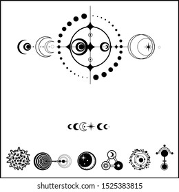 Mystical drawing: Mysterious crop circle UFO, Stylized galaxy, set of cosmic symbols. Astrology, alchemy, extraterrestrial, space design. Vector Illustration Isolated on a white background. 
