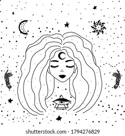 Mystical drawing occultism-a beautiful girl with stars in her hair. Female portrait or night goddess. Fantasy, spirituality, occultism, tattoo and fashion print. Isolated vector illustrations. Alchemy