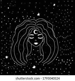 Mystical drawing occultism-a beautiful girl with stars in her hair. Female portrait or night goddess. Fantasy, spirituality, occultism. Isolated vector illustrations.