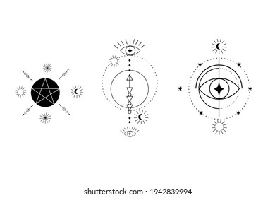 Mystische Zeichnung. Mondphase, Alchemie, Mega, Esoterie. Vektorgrafik 