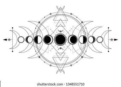 Mystical drawing: phases of the moon, energy circles. Sacred geometry. Alchemy, magic, esoteric, occultism. Monochrome Vector Illustration isolated on a white background.