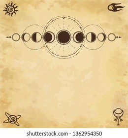Mystical drawing: phases of the moon, energy circles. Sacred geometry. Space symbols. Alchemy, magic, esoteric, occultism. Background - imitation of old paper. Place for the text. Vector illustration.