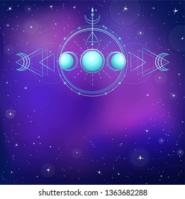 Mystical drawing: phases of the moon, energy circles. Sacred geometry. Alchemy, magic, esoteric, occultism. Background - the night star sky, space. Place for the text. Vector illustration.