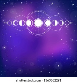 Mystical drawing: phases of the moon, energy circles. Sacred geometry. Alchemy, magic, esoteric, occultism. Background - the night star sky, space. Place for the text. Vector illustration.