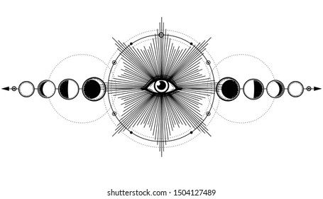 Mystical drawing: shining All-seeing eye,  phases of moon, energy circle. Alchemy, esoteric, occultism. Monochrome Vector Illustration isolated on a white background. Print, poster, T-shirt, card.