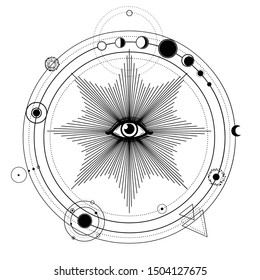 Mystical drawing: stylized Solar System, orbits of planets, Phases of the moon. All-seeing eye. Alchemy, magic, esoteric, occultism. Monochrome Vector Illustration isolated on a white background