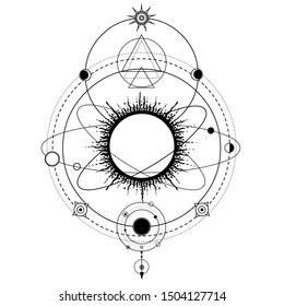 Mystical drawing: stylized Solar System, orbits of planets, space symbols. Sacred geometry. Alchemy, magic, esoteric, occultism. Monochrome Vector Illustration isolated on a white background