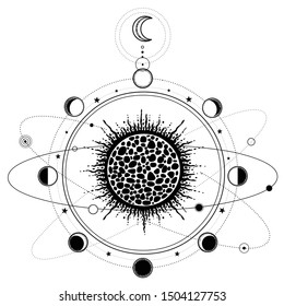 Mystical drawing: stylized Solar System, orbits of planets, Phases of the moon. Sacred geometry. Alchemy, magic, esoteric, occultism. Monochrome Vector Illustration isolated on a white background