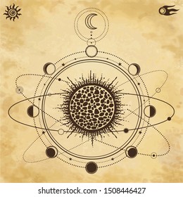 Mystical drawing: stylized Solar System, orbits of planets, Phases of the moon. Sacred geometry. Background - imitation of old paper. Vector Illustration. Print, poster, T-shirt, postcard.