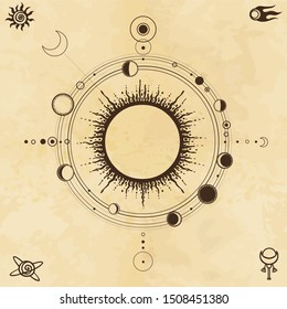 Mystical drawing: stylized Solar system, moon phases, orbits of planets, energy circle. Sacred geometry. Background - imitation of old paper. Vector Illustration. Print, poster, T-shirt, postcard.
