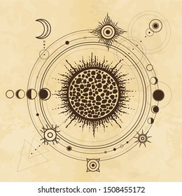 Dibujo místico: sistema solar estilizado, fases lunares, órbitas de planetas, círculo energético. Geometría sagrada. Antecedentes - imitación de papel antiguo. Ilustración vectorial. Imprimir, afiche, pantalones en T, postal.