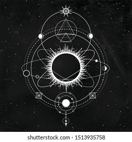 Mystical drawing: stylized Solar system, moon phases, orbits of planets, energy circle. Sacred geometry.  Background - black star sky. Vector illustration. Print, poster, T-shirt, card.