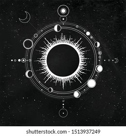 Dibujo místico: sistema solar estilizado, fases lunares, órbitas de planetas, círculo energético.Geometría sagrada.  Fondo - cielo estrella negra. Ilustración vectorial. Imprimir, afiche, pantalones en T, tarjeta.