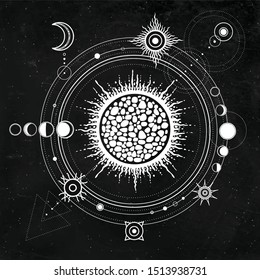 Mystical drawing: stylized Solar system, moon phases, orbits of planets, energy circle. Sacred geometry.  Background - black star sky. Vector illustration. Print, poster, T-shirt, card.