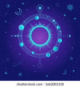 Mystical drawing: stylized Solar system, moon phases, orbits of planets, energy circle. Sacred geometry.  Background - night star sky. Vector illustration. Print, poster, T-shirt, card.