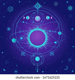 Mystical drawing: stylized Solar system, moon phases, orbits of planets, energy circle. Sacred geometry.  Background - night star sky. Vector illustration. Print, poster, T-shirt, card.