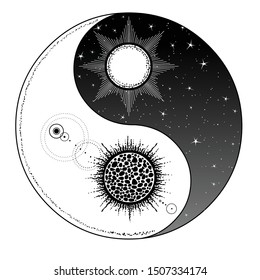 Mystical drawing: Stylized sun and moon, day and night, cosmic dualism. Zen symbol. Ying yang sign of harmony and balance. Monochrome Vector Illustration isolated on a white background