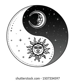 Dibujo místico: Sol estilizado y luna con rostro humano, día y noche. Símbolo zen. Señal de armonía y equilibrio de Ying yang. Ilustración de vectores monocromo aislada en fondo blanco