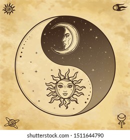 Mystical drawing: Stylized sun and moon with human face, day and night. Zen symbol. Ying yang sign of harmony and balance. Background - imitation of old paper. Vector Illustration.