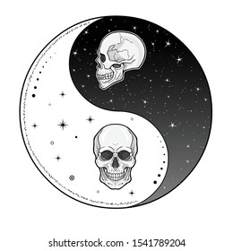 Mystical drawing: Stylized sun and moon  human skull, day and night. Zen symbol. Ying yang sign of harmony and balance. Monochrome Vector Illustration isolated on a white background