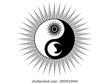 Mystische Zeichnung Stilisierte Sonne und Mond heiliges Logo Design, Tag und Nacht. Zen-Symbol. Ying Yang Zeichen der Harmonie und Ausgewogenheit. Monochrome Vektorgrafik einzeln auf weißem Hintergrund