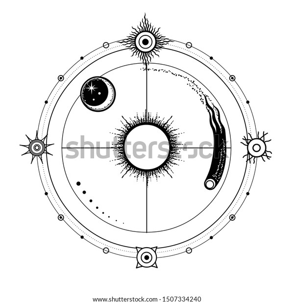 Mystical Drawing Stylized Sun Moon Comet Stock Vector Royalty