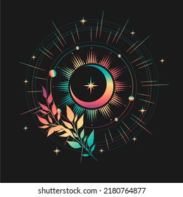 Mystical drawing of the sun. Colorful sun on a black background with stars. Vector hand drawing