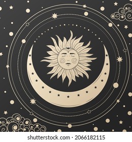 Dibujo místico del sol con cara, luna y luna creciente. El dispositivo del universo, luna creciente y sol con luna