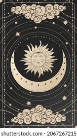 Mystical drawing of sun with face, moon and crescent moon. The device of the universe, crescent moon and sun with moon