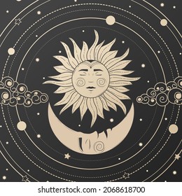 Mystical drawing of sun with face, moon and crescent moon. The device of the universe, crescent moon and sun with moon