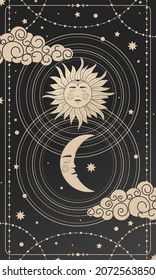 Mystical drawing of sun with face, moon and crescent moon. The device of the universe, crescent moon and sun with moon