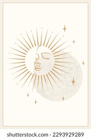Mystical drawing of sun with face, moon and stars poster. Design for tarot card