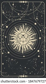 Mystical Drawing Of The Sun With A Face, Tarot Cards, Boho Illustration, Magic Card. Golden Sun With Closed Eyes On A Black Background With Stars. Vector Hand Drawing