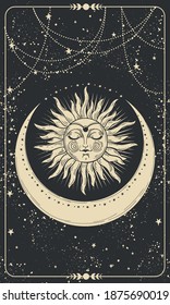 Mystical drawing of the sun with a face, tarot cards, boho illustration, magic card. Golden sun with closed eyes on a black background with stars. Vector hand drawing